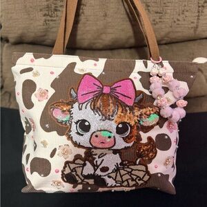Cute Sequin Cow Tote Bag with Pink Bow